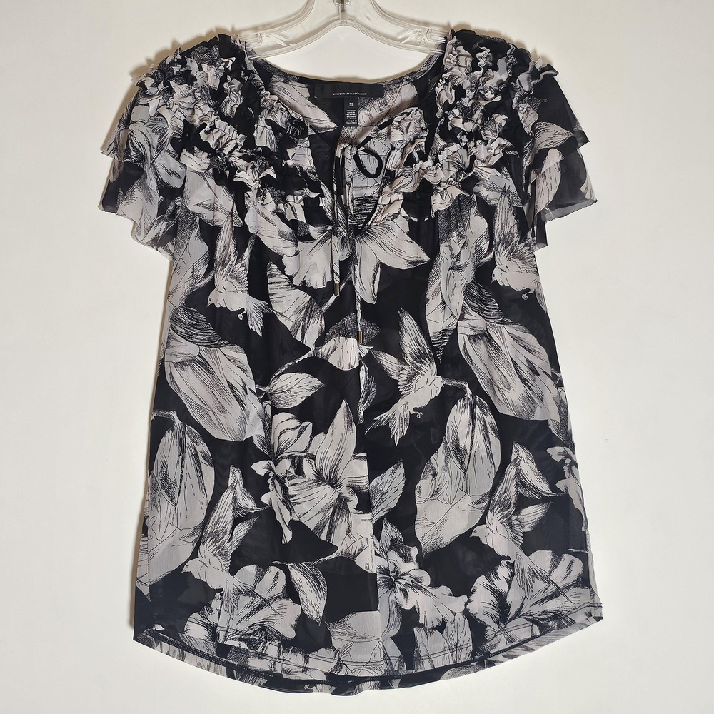 White House Black Market Blouse Womens Medium Black White Sheer Ruffle Floral